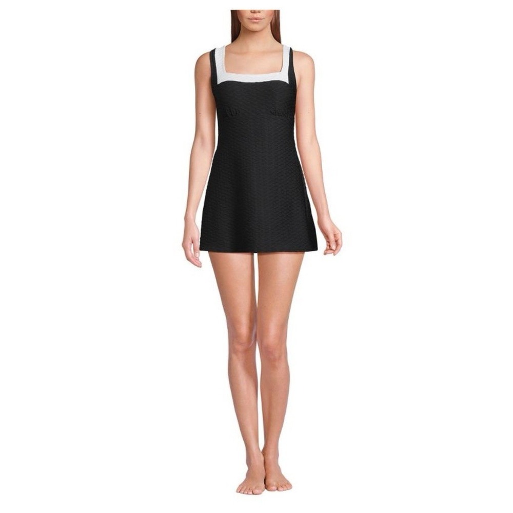 NWT Women's Lands End Women's Texture Square Neck Swim Dress Black White Size XL